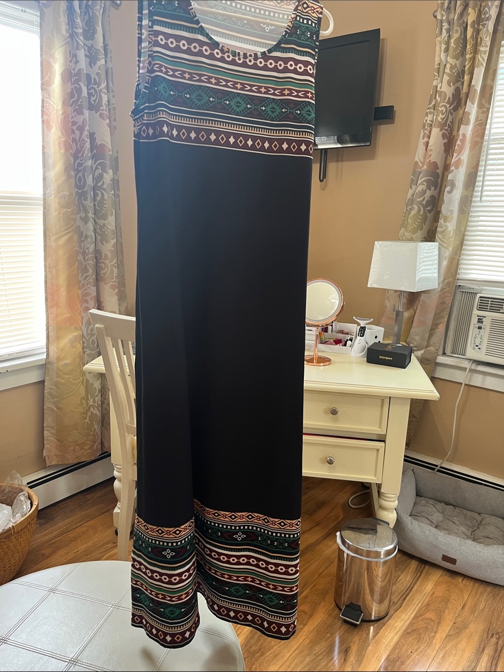 Boho Stripe Maxi Sleeveless Dress in Black with Teal & Burgundy Accents